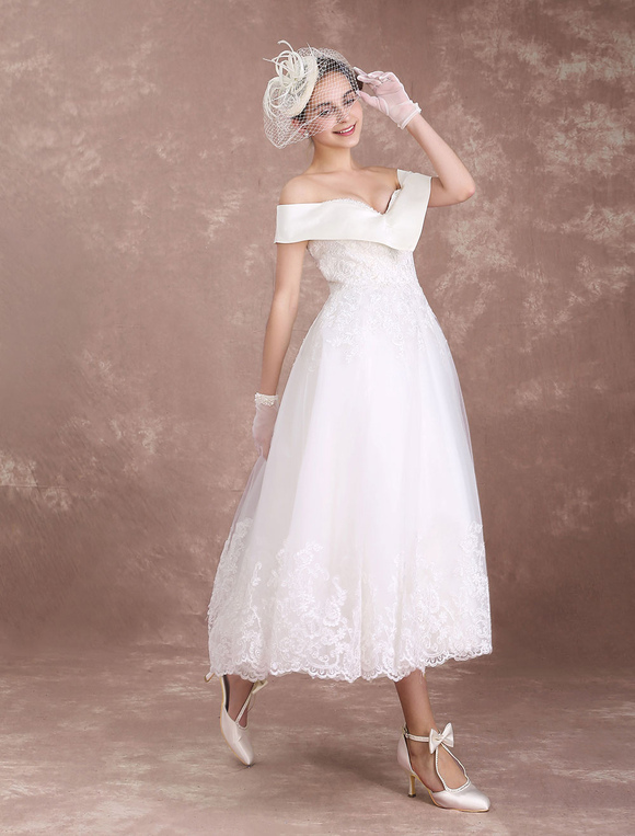 Vintage Wedding Dresses Off The Shoulder Short Bridal Dress 1950 Lace ...