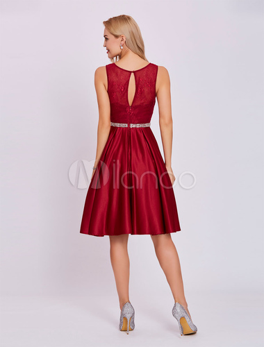 Burgundy Cocktail Dresses Lace Elastic Satin Keyhole Beading Sash