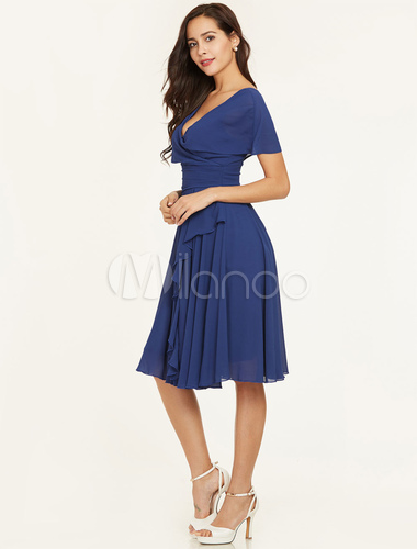 Wedding Guest Dresses Short Sleeve Chiffon Royal Blue V