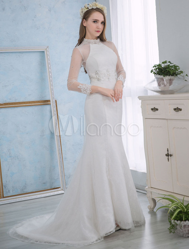 long sleeve rhinestone wedding dress
