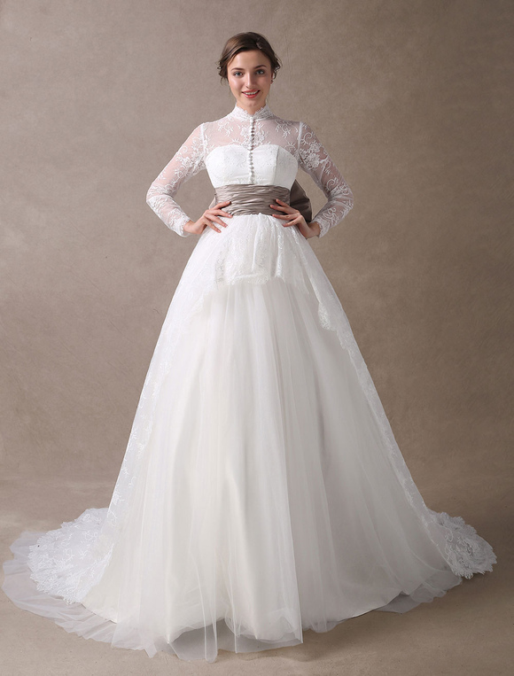 Princess Wedding Dresses Ball Gowns Lace Long Sleeve Bridal Dress High