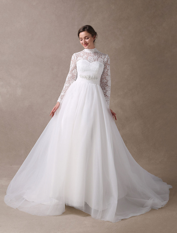 Gown Vintage Bridal Dress Lace Long Sleeve Beaded Sash High Collar ...