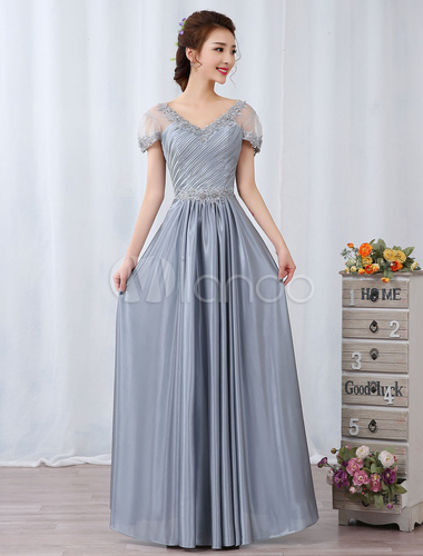 Silver Evening Dresses Maxi Lace Applique Beaded Short Sleeve Pleated ...