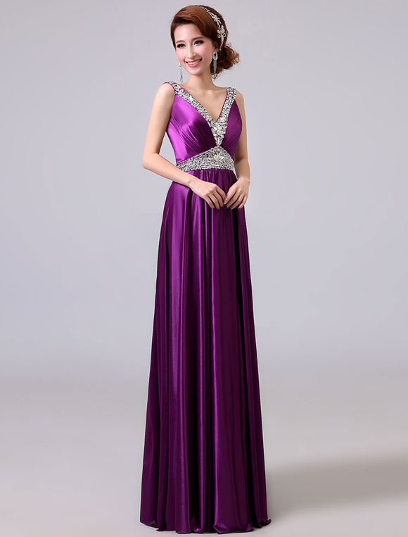 Lavender Prom Dresses Long Beaded V Neck Backless Sash Floor Length ...