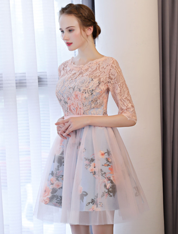 Short Prom Dresses Soft Pink Floral Print Lace Half Sleeve Cute ...
