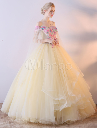 Champagne Quinceanera Dresses  Off  The Shoulder Prom Gown 