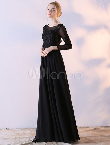 Vestidos De Fiesta Negros Chiffón De Encaje Mangas Largas Faja Con Lazo Sin  Espalda Longitud Del Piso Vestidos Largos Formales De Noche - Milanoo.com