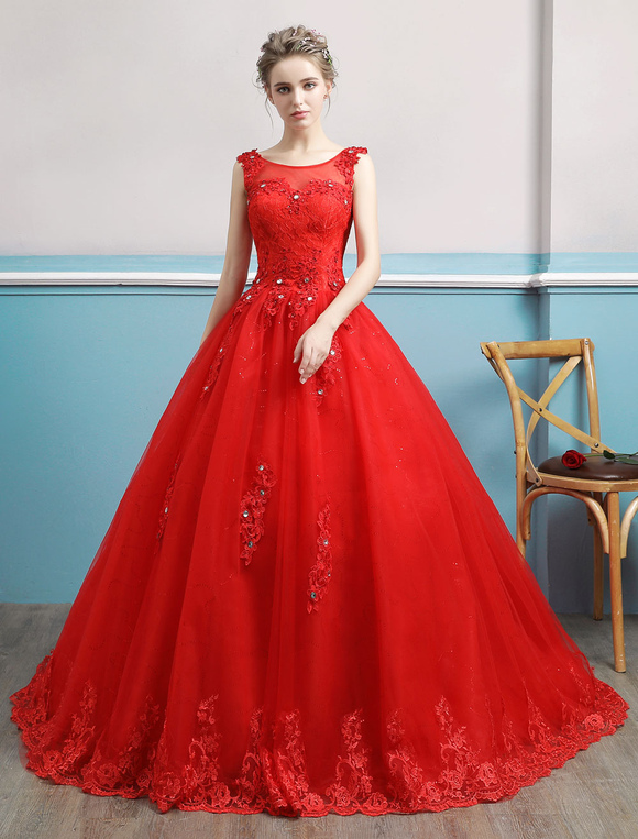 Red Wedding Dresses Lace Applique Beaded Princess Ball Gowns Train ...