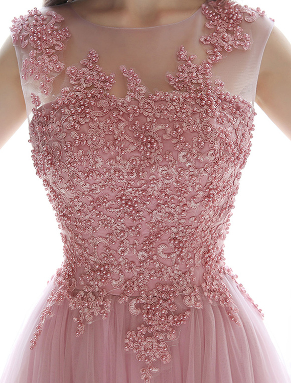 Prom Dresses Long Cameo Pink Lace Applique Beaded Tulle Floor Length ...