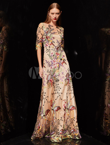 Evening Dresses Embroidered Flowers Champagne Half Sleeve Long Prom ...