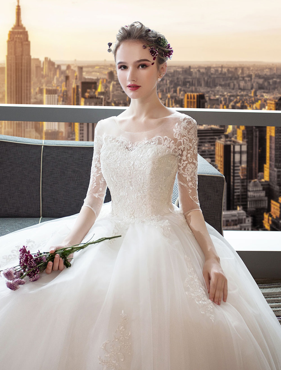 Princess Wedding Dress Ivory Ball Gown Half Sleeve Lace Off Shoulder ...