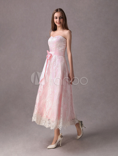 Lace Wedding Dresses Short Soft Pink Strapless Sweetheart Neckline Bow ...