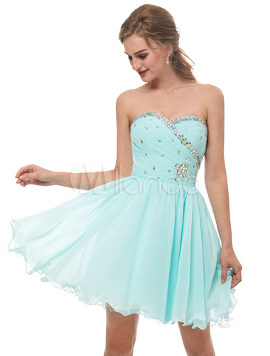 Homecoming Dresses Pastel Blue Strapless Short Prom Dress Beaded ...