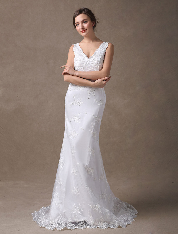 White Wedding Dresses Mermaid V Neck Lace Applique Beaded Bridal Dress ...