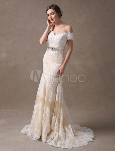 Mermaid Wedding Dresses Lace Off The Shoulder Rhinestones Beaded