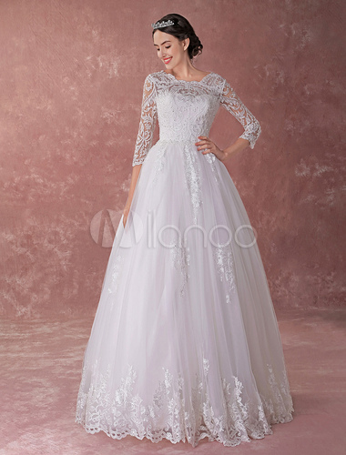 vestido de noiva princesa com manga longa de renda