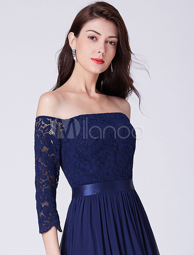 Robe De Demoiselle D Honneur Bleu Royal Longue Robe De Bal Dentelle Manches En Mousseline De Soie Robe Formelle Milanoo Com