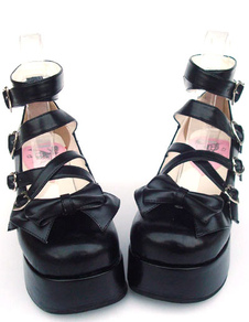 Lolitashow Sweet Matte Black Lolita High Platform Shoes Ankle Straps Heart Shape Buckles Bow