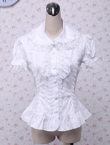 Lolitashow Sweet White Cotton Lolita Bluse mit kurzen Ärmeln, geschichteter Spitzenkragen mit Spitzenbesatz