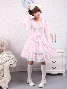 Розовое Лолита платье OP длинные Hime рукава белый кружевной отделкой бантом