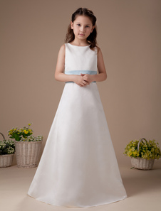 Romântico branco faixa arco flor menina vestido de cetim