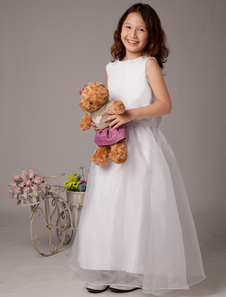Branco sem mangas Sash laço Beading cetim Organza vestido menina de flor