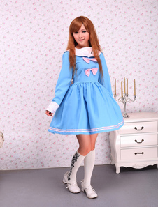 Vestido de algodão azul arco longo mangas escola Lolita