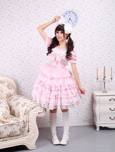 Lolita Kleid mit kurzen Ärmeln und weißen Spitzen in Rosa