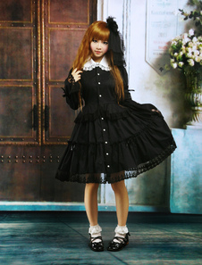 Черное Лолита OP платье хлопок с длинными рукавами круглый воротник кружевной отделкой