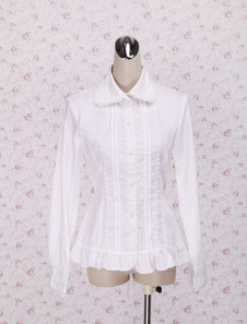 Lolitashow Algodão branco Lolita blusa mangas compridas cintura cinto babados guarnição