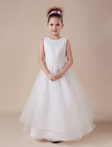 Платье для девочек с цветами с круглым вырезом белое по щиколотку из атласа 