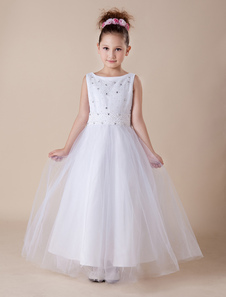 Sweet A-line White Satin Ankle-Length First Communion Dress 