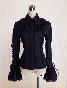 Lolitashow Black Cotton Lolita Blouse Long Hime Sleeves Lace Up Lace Trim Turn-down Collar
