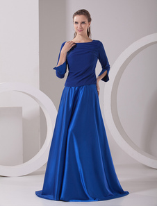 Encantador azul Royal Bateau-line pescoço meia mangas fecho elástico tecido cetim moda vestido para mãe da noiva 