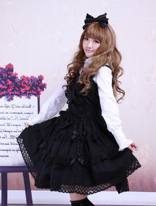Black Cotton Lolita OP Dress Long Sleeves Round Collar Lace Trim ...
