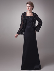 Brautmutterkleider Etui- Abendkleider für Hochzeit Spitze Schwarz Langarm Hochzeit trägerlos bodenlang mit Spitzen