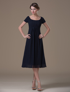 Brautmutterkleider A-Linie- Abendkleider für Hochzeit Chiffon Dunkelmarineblau Kurzarm Hochzeit mit Rundkragen wadenlang