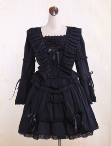 Falda de una pieza negra de algodón estilo dulce con escote cuadrado de encaje