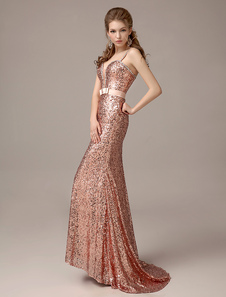 Rose Gold Prom Dresses 2023 Long Nude Mermaid Evening Dress Sequined Straps Party Dress With Train