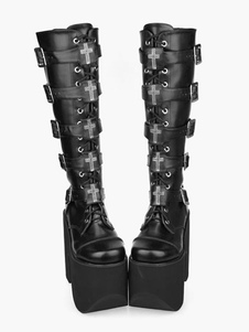Stivali Lolita neri gotici con fibbie a piattaforma alta Stampa incrociata