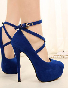 Womens Blue Platform Pumps Suede Round Toe Criss Cross Strap Stiletto Heels
