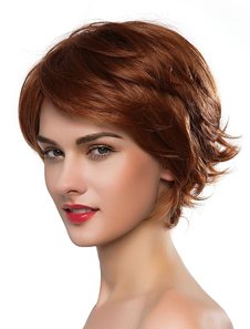 شعر الإنسان شعر مستعار النساء الصبي تخفيضات الجانب اجتاحت بانج متموجة نطاط بني قصير شعر مستعار طبيعي