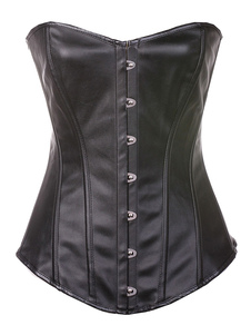 Black Over Bust Corsets Front Steel Busk Leather Waist Training Corsets With Thong