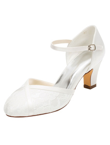 Zapatos de novia de seda sintética 6cm Zapatos de Fiesta Zapatos marfil de tacón gordo Zapatos de boda de puntera redonda de encaje