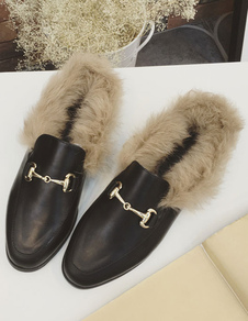 Schwarze Damen Mueller Schuhe 2021 flache Schuhe Damen Rabbit Fur Round Toe Loafers