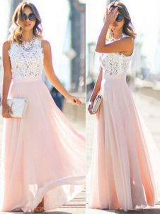 Robes Longues en Mousselines Femmes à Col Rond sans Manches Cousu en Dentelles Bicolores Bas Evasée Coupe Cintrée