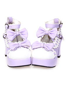 Lolitashow Sweet Chunky Heels Lolita Shoes Platform Bows White Trim Ankle Strap Heart Shape Buckles