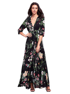 Vestido largo negro  Moda Mujer con 3/4 manga de algodón mezclado Vestidos con abertura con cuello en V estilo bohemio Verano
