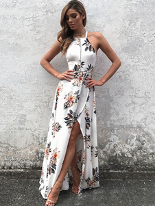 Vestido largo blanco Moda Mujer Artística sin mangas Vestidos de algodón mezclado en capas con escote halter Verano para pasar por la noche