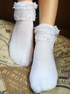 Classic Lolita Socks Lace Pearls Layered Ruffles White Lolita Socks